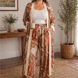 SHEIN Orange and Cream Paisley Satin like Long Robe and Pants